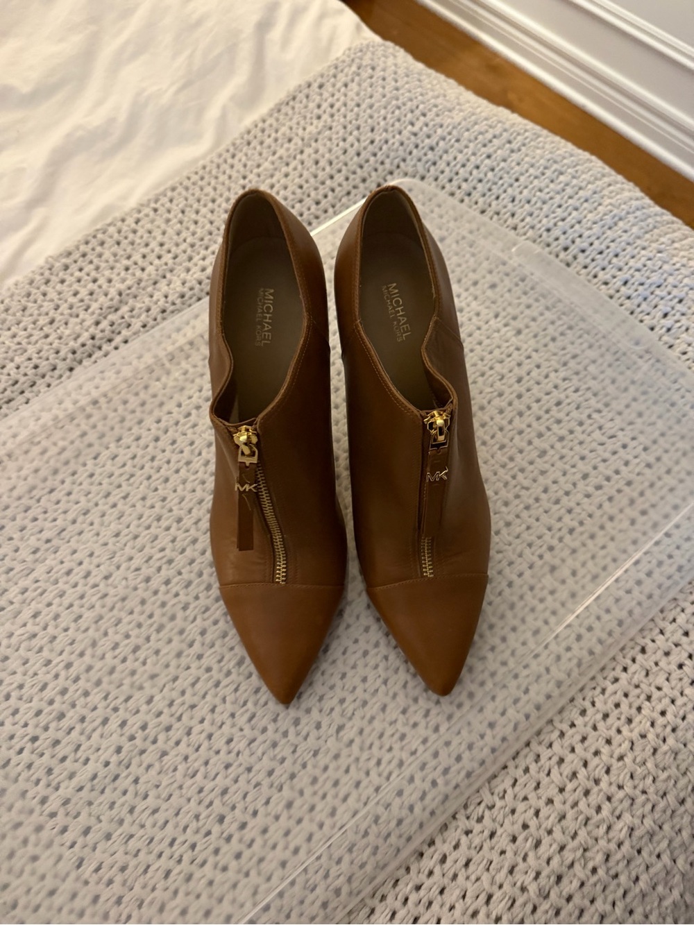 MICHAEL Michael Kors Cognac Leather Pointed Toe Zip Booties